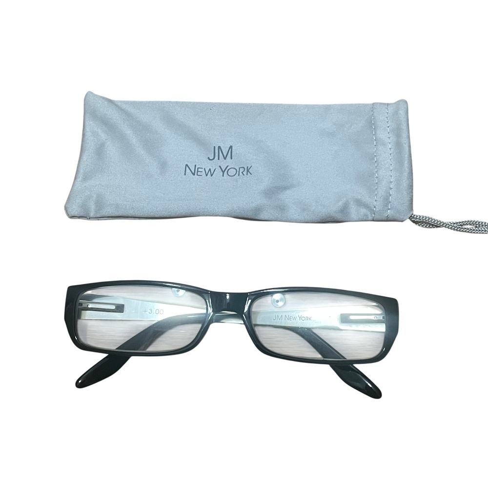 JM New York Women Black Rectangular Reading Glasses +3.00 Magnification Silver